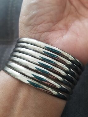 Silver Plated stacked cuff bracelet 7 Bangles Contemporary Smooth Finish